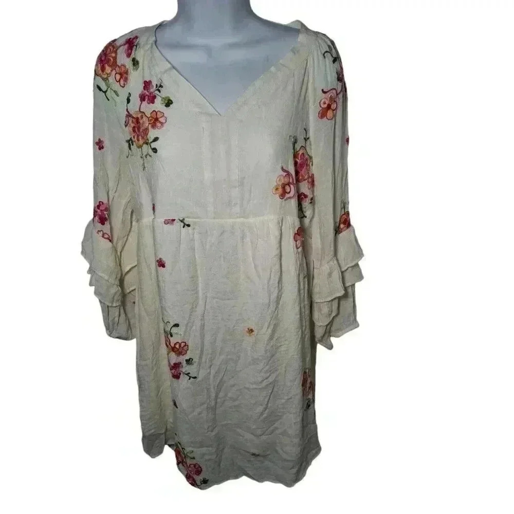 Anthropologie Fig And Flower Embroidered Ruffled Sleeve Dress Small Creme Pink